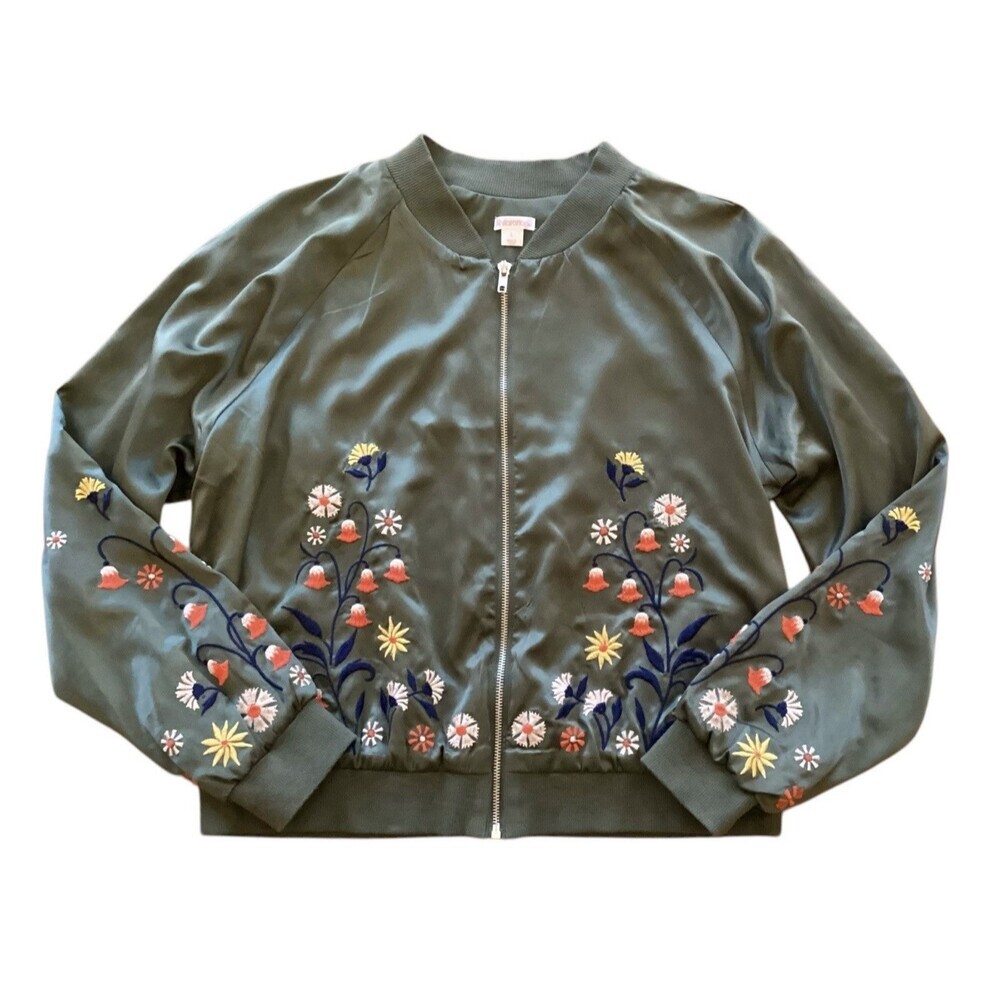 Xhilaration Womens Mossy Green Floral Embroidered Satin Bomber Jacket Size Large